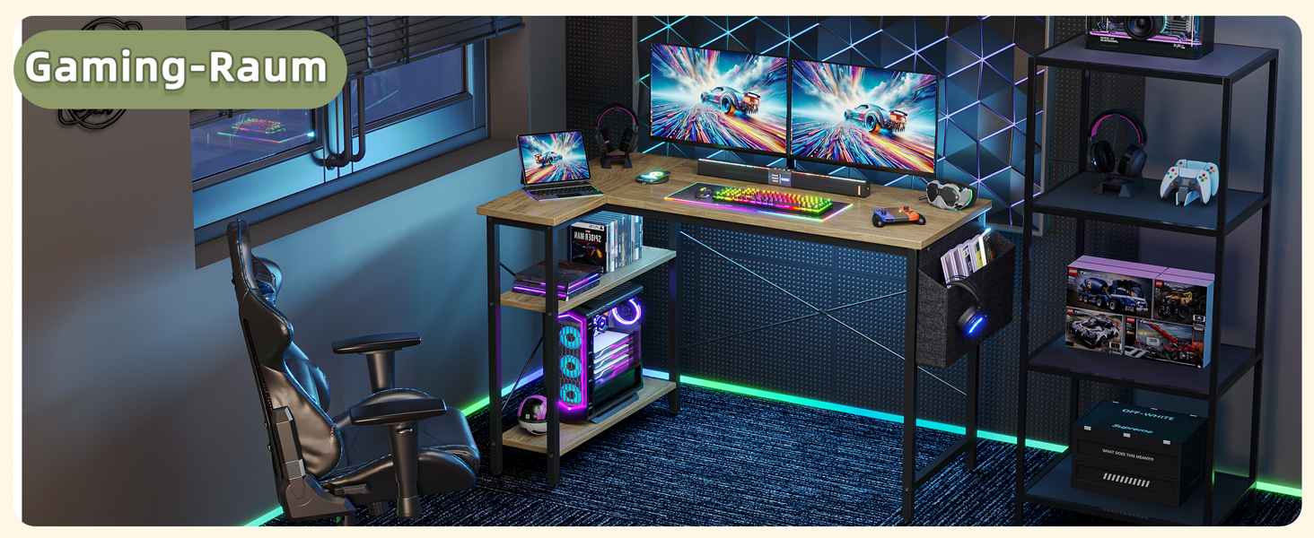 Кутовий комп'ютерний стіл BEXEVUE з розеткою та LED-підсвічуванням, 120x70 см. Ергономічний, з полицями, для дому, навчання та роботи. Чорний колір.