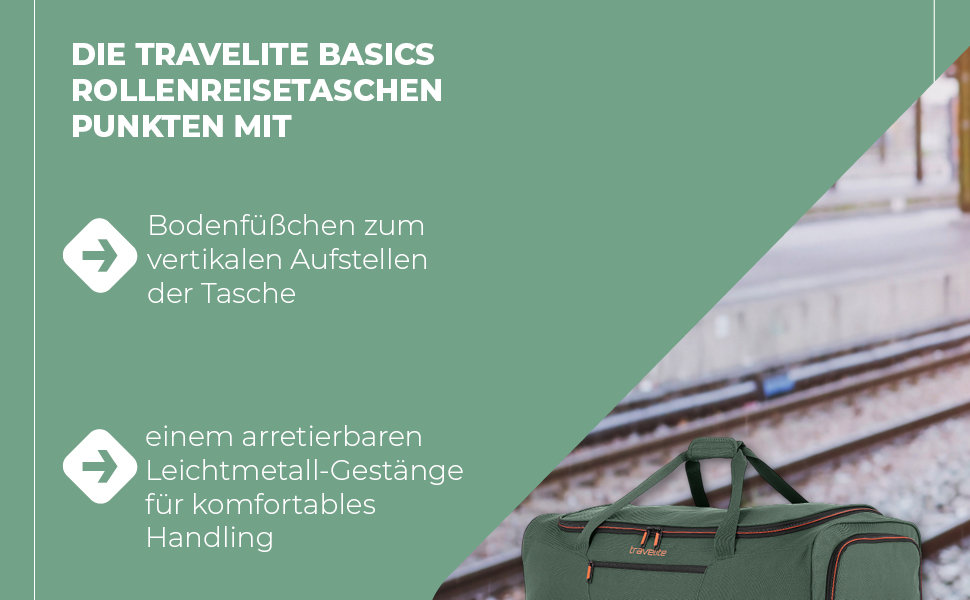 Дорожня сумка на колесах Travelite Basics Duffle L, 98-119 л, Зелено-помаранчева, 55 см