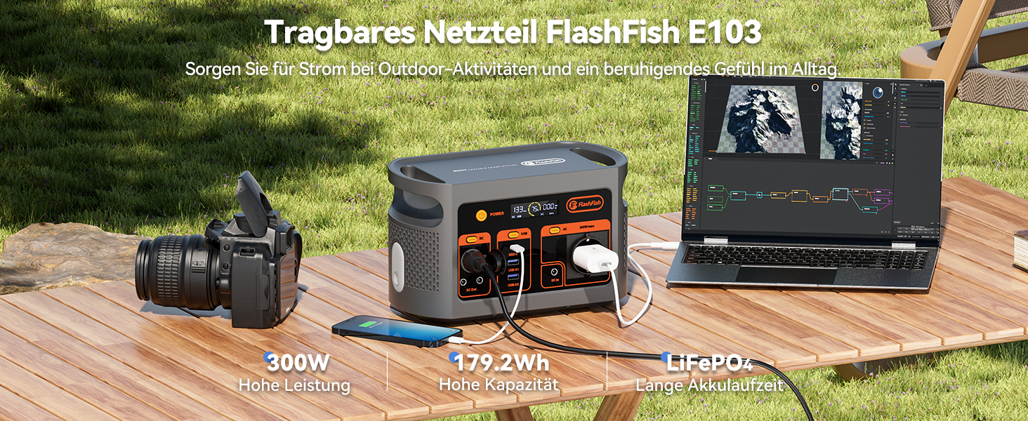 Powerstation FlashFish E103: 300W, 179.2Wh LiFePO4, 3000 циклів, 230V AC, для кемпінгу та подорожей