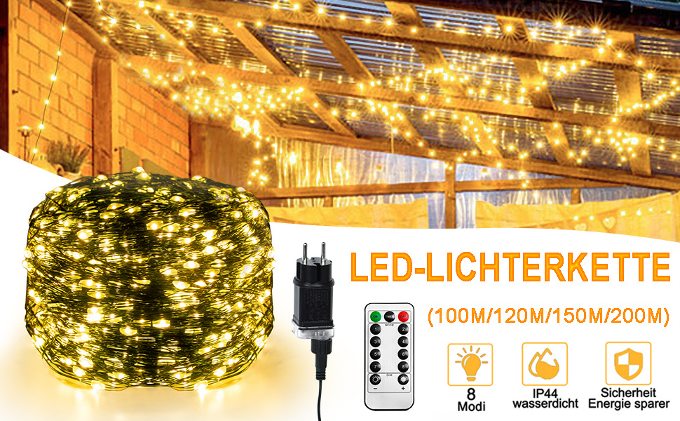 Льохтерна LED 100м з мідного дроту, 1000 LED, 8 режимів, IP44 (водостійка), з пульт та таймером, для прикраси на Різдво, в приміщенні та на вулиці, DIY, тепле біле світло