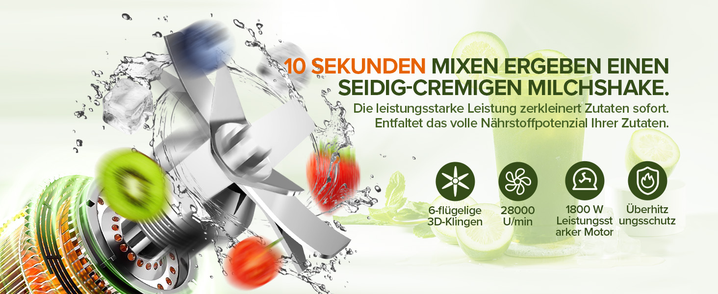 Блендер Teendow Standmixer 1800W зі скляною колбою 2л + кавомолка 600мл, срібний. Для смузі, льоду та заморожених фруктів, без BPA