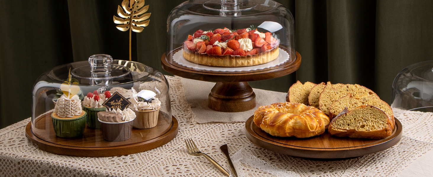 Тортниця з підставкою, дерев'яна з акриловим куполом, для тортів та випічки