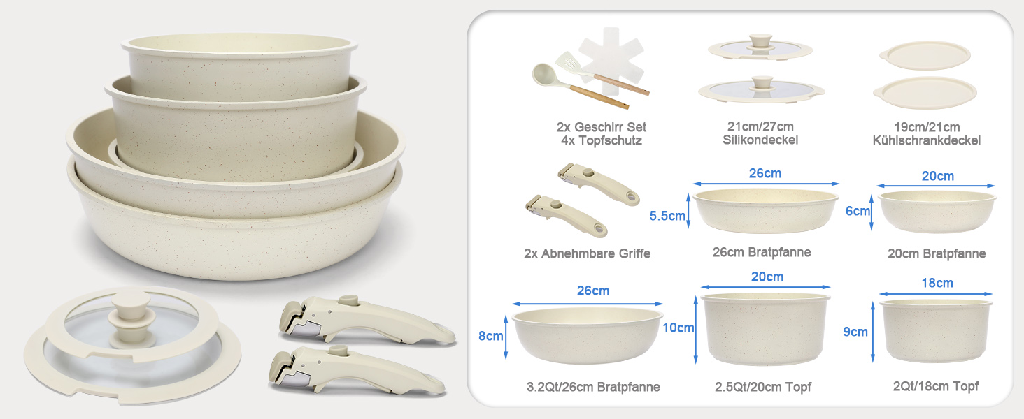 Набір посуду GFTIME 17-ти частинний з антипригарним покриттям Ceramic, для всіх плит (індукція), зі знімними ручками, 20/26 см скляні кришки, без PFOA/PTFE/PFAS