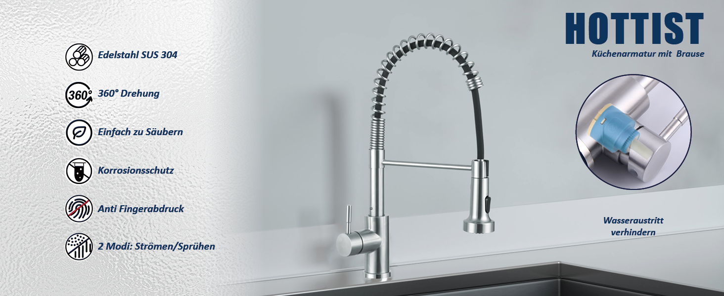 Змішувач для кухні чорний високий з висувним душем Wasserhahn, поворотний на 360°, 2 режими струменя, нержавіюча сталь (матовий)