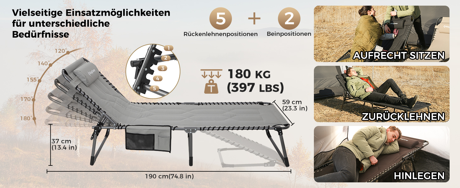 Лежак для відпочинку KingCamp великого розміру, складаний, 5 положень, для саду, кемпінгу, пляжу, з подушкою та кишенею, до 200 кг, 200 x 68 см, сірий