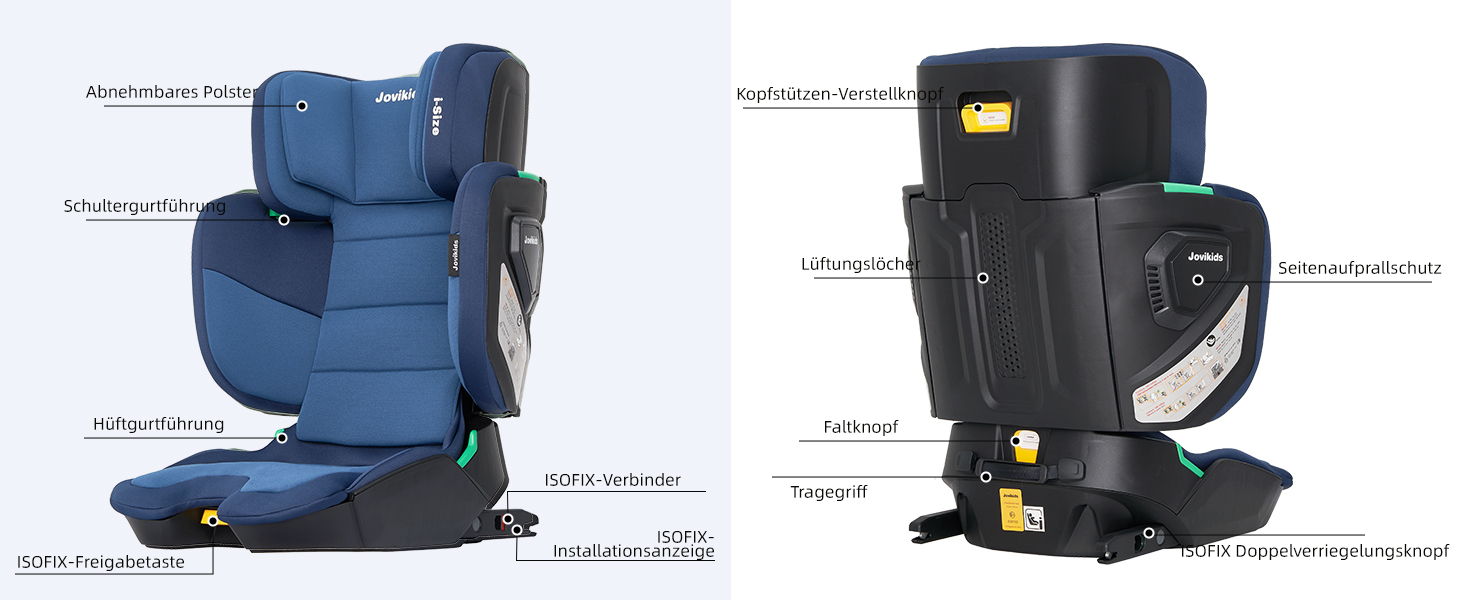 Складне дитяче автокрісло Jovikids з ISOFIX, дитячі автокрісла i-Size R129 приблизно 3-12 років (100-150 см), бустер зі спинкою, підходить для подорожей (зелений)