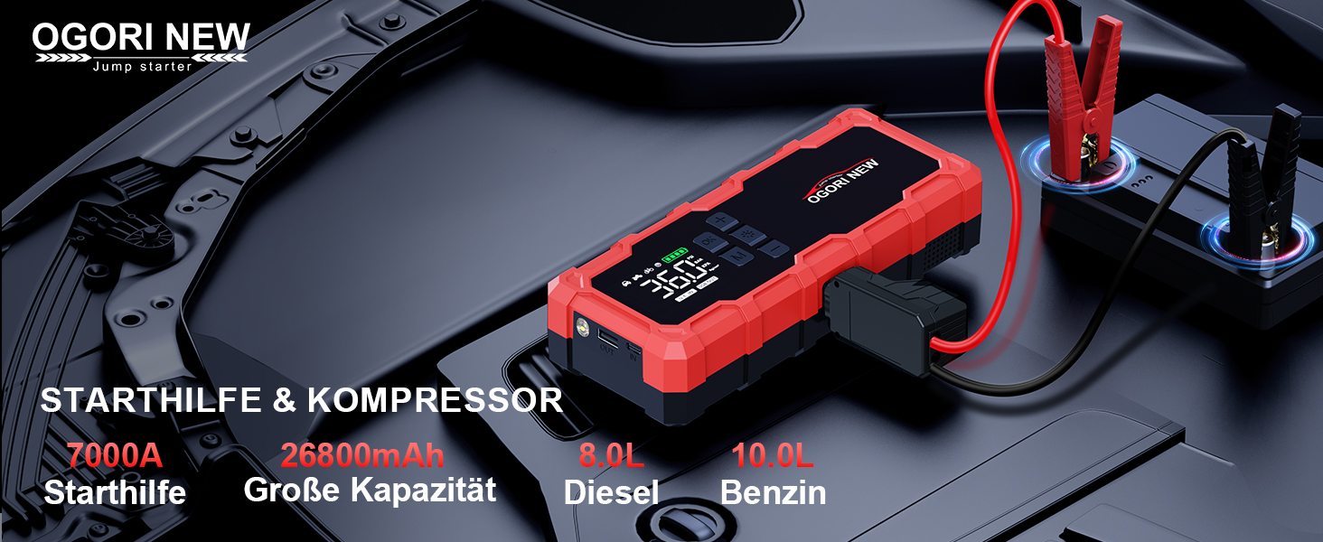 Powerbank для автомобіля з компресором Starthilfe 6000A, LED-ліхтарик, 12V, для 8L бензину/10L дизеля