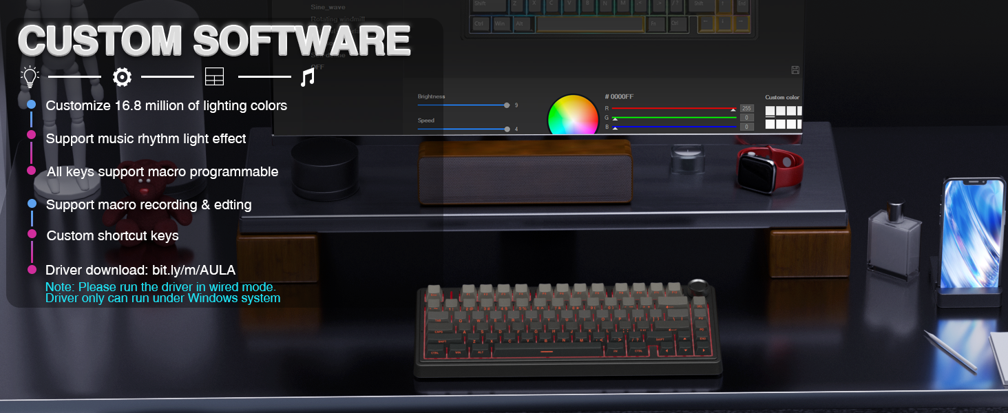 Механічна клавіатура AULA F75 PRO для геймінгу: бездротовий підключення 2.4GHz/BT5.0, Hot-Swap, QWERTY, сірий колір з градієнтом, 75%