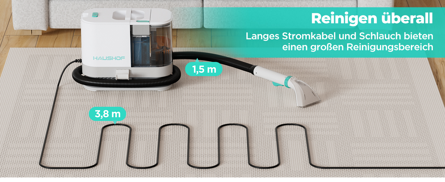 Портативний мийний пилосос для килимів та м'яких меблів HAUSHOF, 13 kPa, 2-в-1, тихий (≤77 dB)