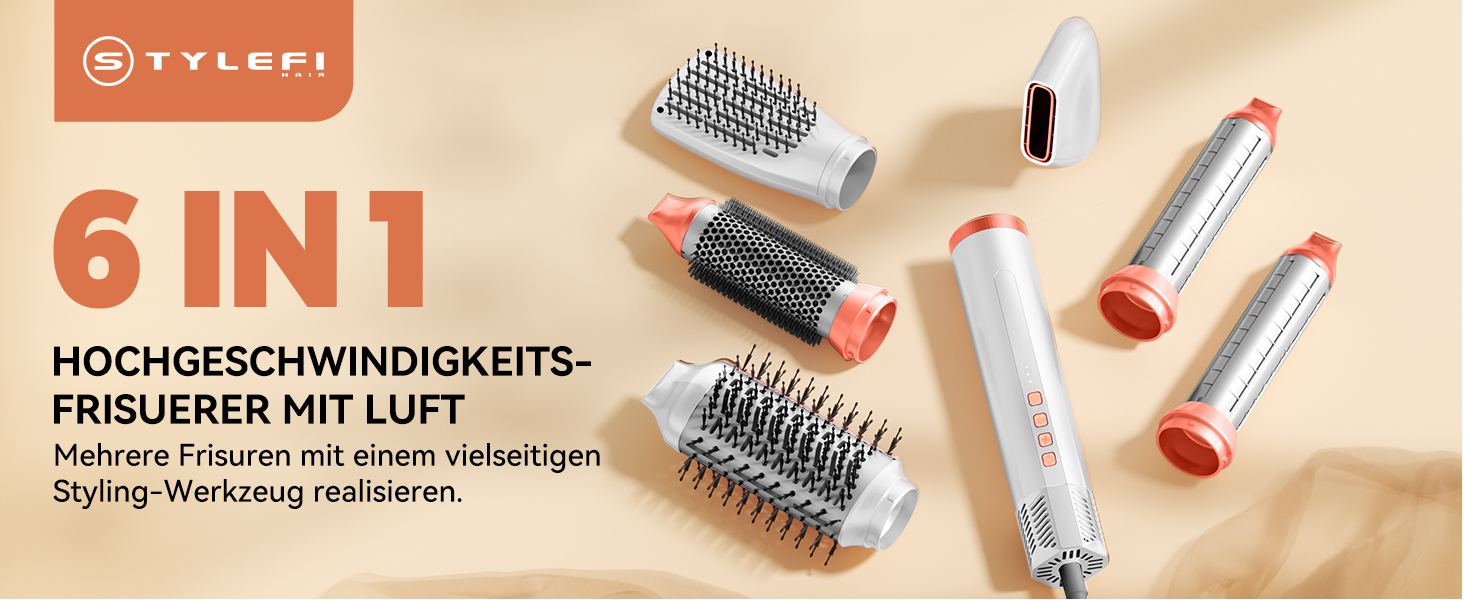 Hairstyler 5-в-1 з ефектом Coandă: Фен-щітка, автоматичний завивач, кругла щітка для об'єму та сушіння (Помаранчевий)