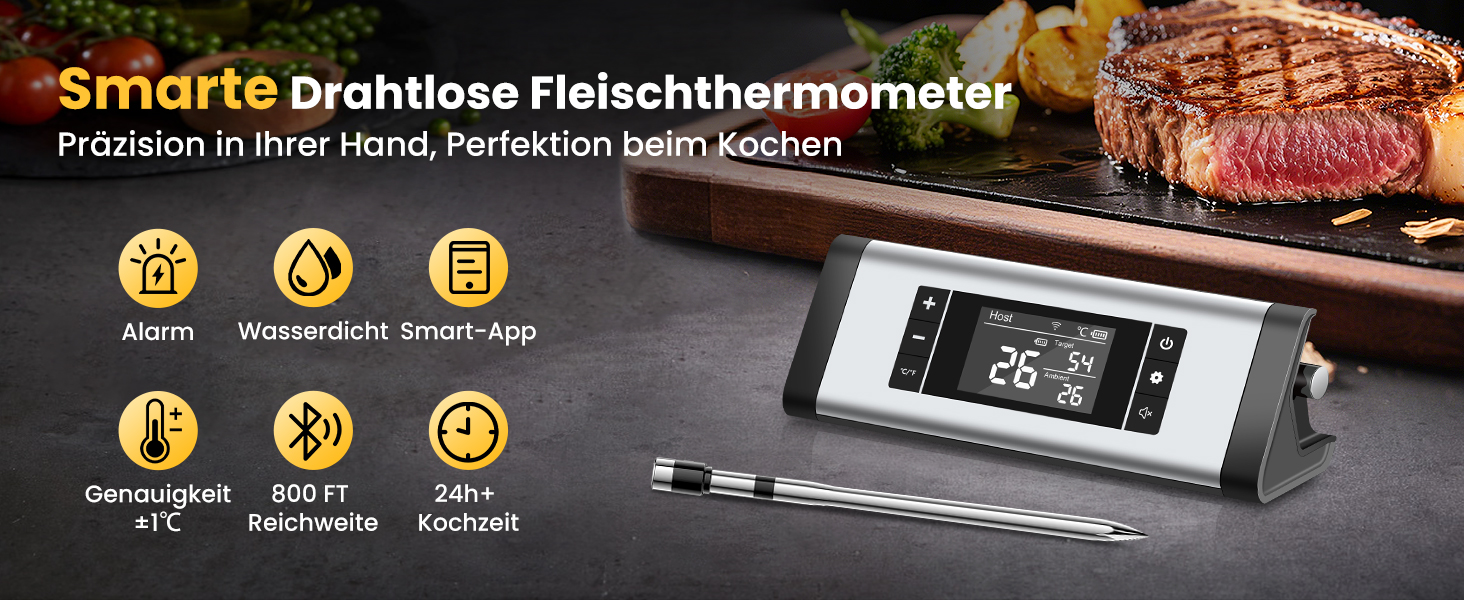 Бездротовий термометр для м'яса з Bluetooth, дальність до 240м, керування через додаток, до 24 години роботи, IP67, стійкий до миття в посудомийній машині та олії - для гриля, коптильні, ротатерія, духовки, фритюрниці