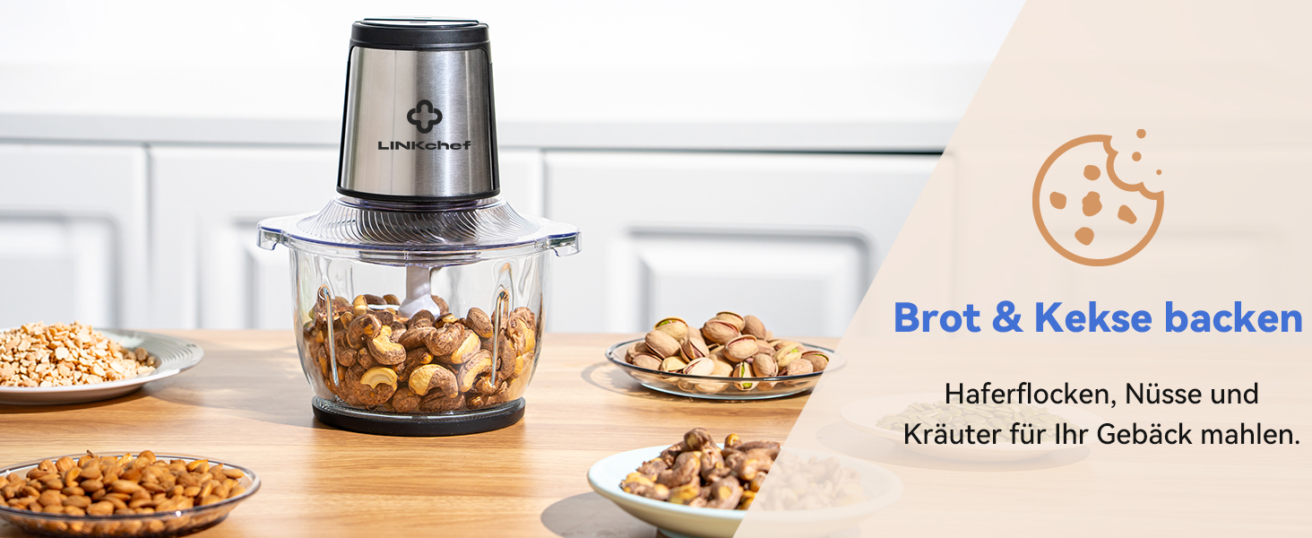 Подрібнювач LINKChef електричний 1.5л, скляна чаша, сталеві ножі, 2 швидкості, для м'яса, фруктів, овочів та дитячого харчування, сріблястий