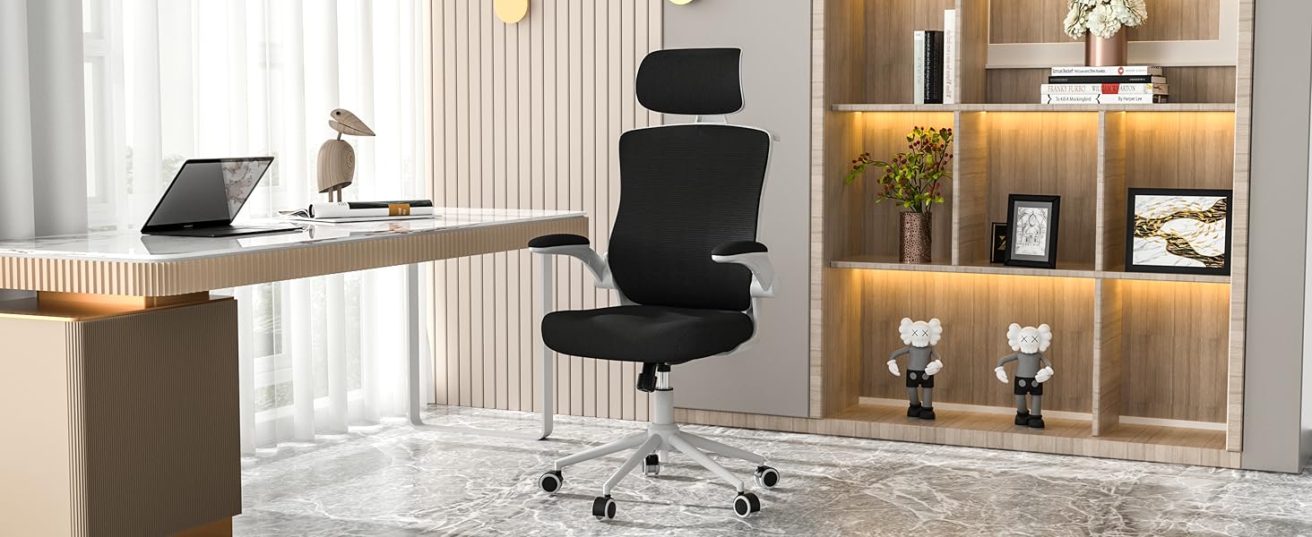 Ергономічне крісло для офісу з регульованою підголівником та поперековою підтримкою – високе офісне крісло з сітчастою спинкою та м'яким сидінням, вішалка для одягу та функцією блокування (Чорний колір з білим каркасом)