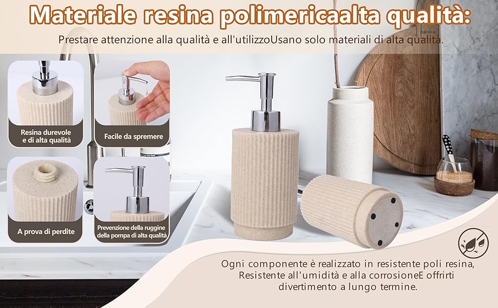 Набір для ванної кімнати 6-частинний: дозатор для мила, стакан для зубної пасти з підносом та коробочка для ватних паличок – смугастий дизайн, високоякісна смола. В комплекті: бежевий 4-частинний набір