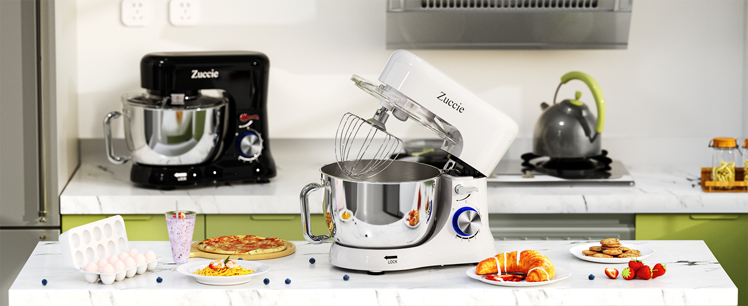 Кухонна машина Zuccie з тихою роботою, місткістю 5л, з нержавіючою чашею, 3 насадки, сплітц-захист, скребок для тіста та роздільник яєць, 8+ швидкостей.