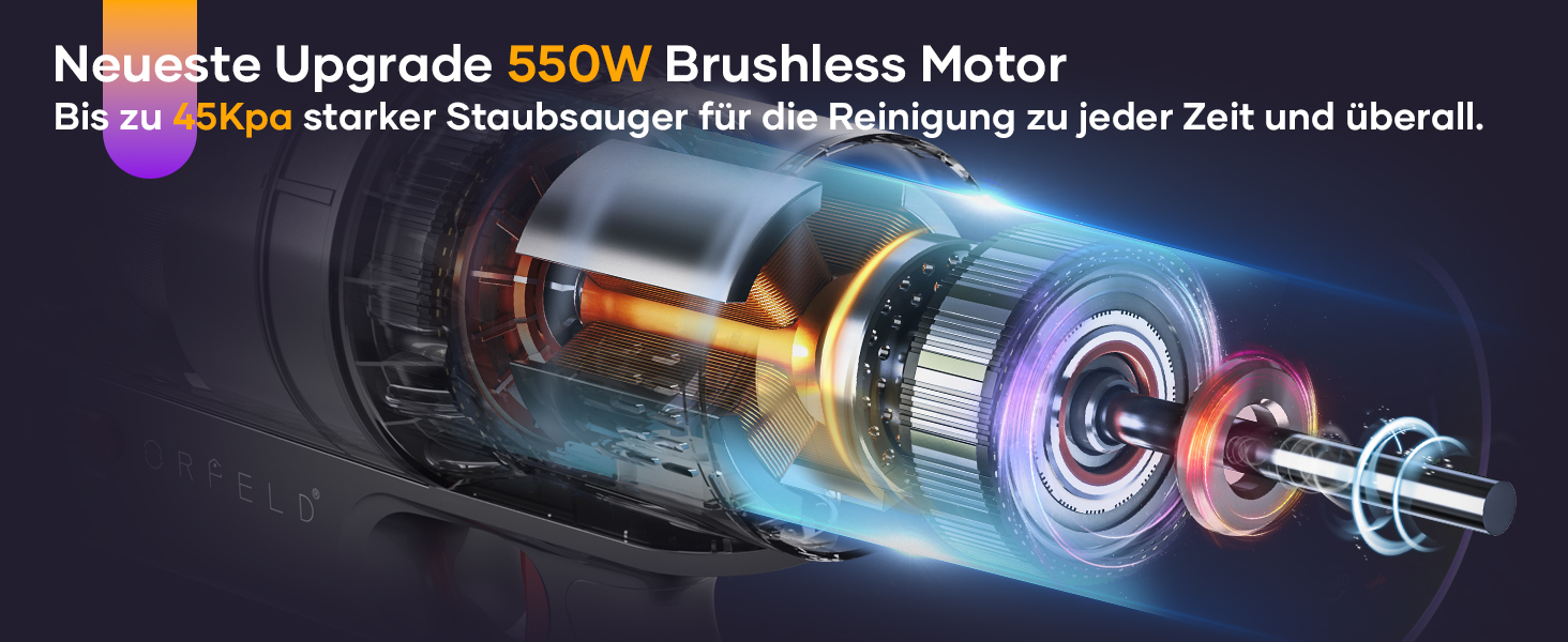 Акумуляторний пилосос ORFELD, бездротовий пилосос 45000 Па/550 Вт зі смарт-дисплеєм, час роботи до 60 хвилин, пилосос з автоматичним режимом і щіткою проти заплутування килима, твердої підлоги та шерсті домашніх тварин