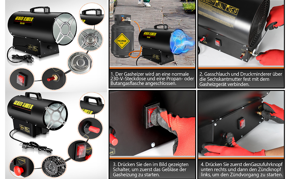 Газовий нагрівач для приміщень Ikodm 10kW 220V: газовий нагрівач, газовий обігрівач, газовий нагрівач-вентилятор, пропановий нагрівач, 320 м³/год, з газовим шлангом 1,2м та редуктором 700 мбар