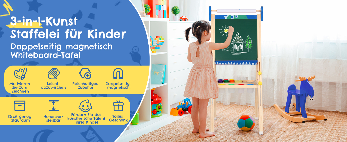 Дитяча мольберт Kinder 3-в-1 з магнітною дошкою, для малювання, висотою регулюється, блакитний, подарунок для дітей