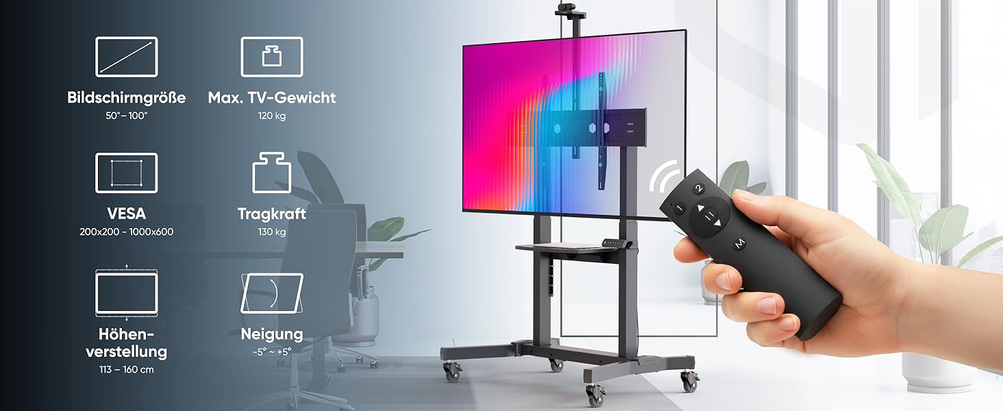 ONKRON Телевізійна тумба на колесах для телевізорів 50-100 дюймів, електрична, з підйомом, max 130 кг, VESA 1000x600, чорна TS1991E-B