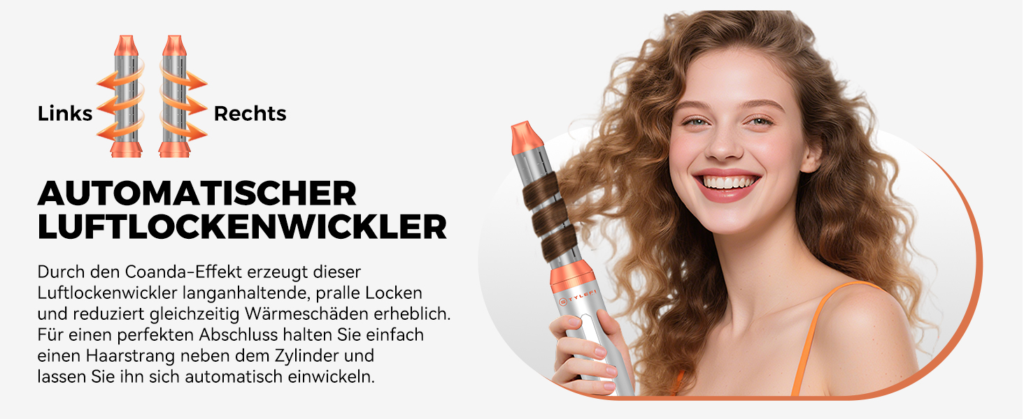 Hairstyler 5-в-1 з ефектом Coandă: Фен-щітка, автоматичний завивач, кругла щітка для об'єму та сушіння (Помаранчевий)