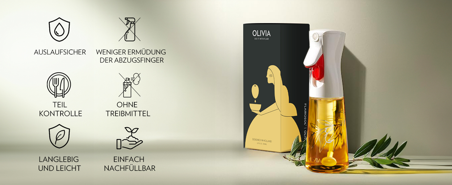 Скляний розпилювач для оливкової олії FLAIROSOL OLIVIA (200 мл) — дозатор для кухні, гриля та аерофритюрниці, прозорий з золотом