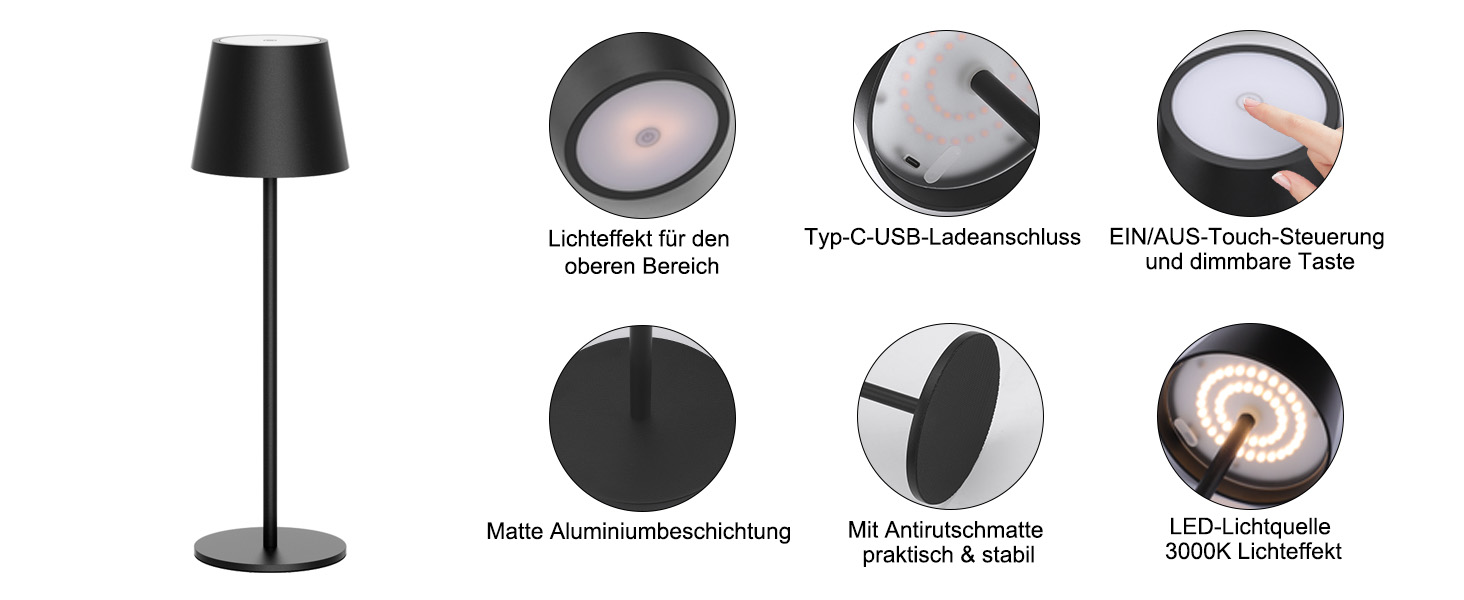 LED настільна лампа Klighten з регулюванням яскравості, акумуляторна, чорна, для дому та вулиці, USB-C, тепле світло 3000K, алюміній, IP54, вологостійка