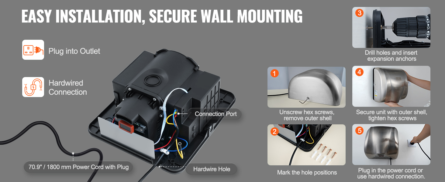 Електричний сушар для рук VEVOR 1300W з HEPA-фільтром - швидка сушка 7-10с, для кухні, ванної, туалету