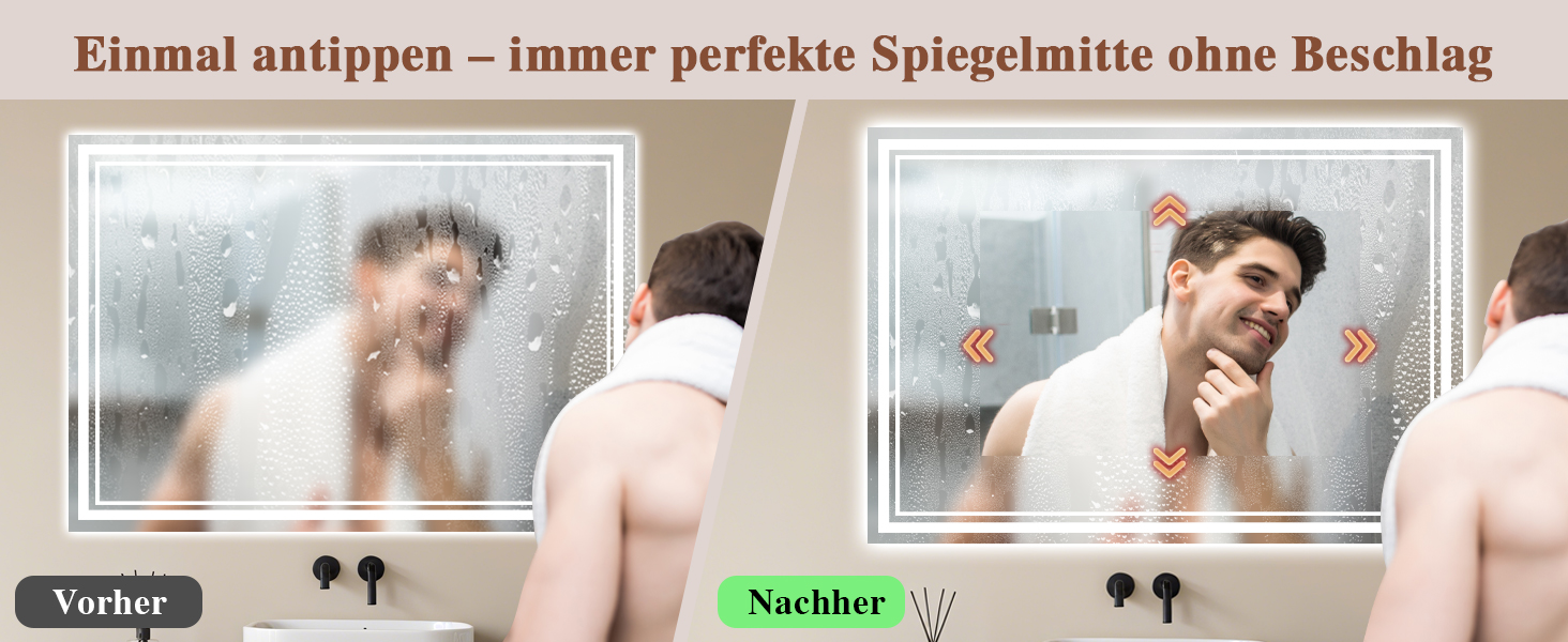 Дзеркало для ванної кімнати з підсвічуванням Badspiegel 50x70см LED, антизапар, сенсорне керування, регулювання яскравості, 3 кольори світла, настінне, горизонтальне/вертикальне