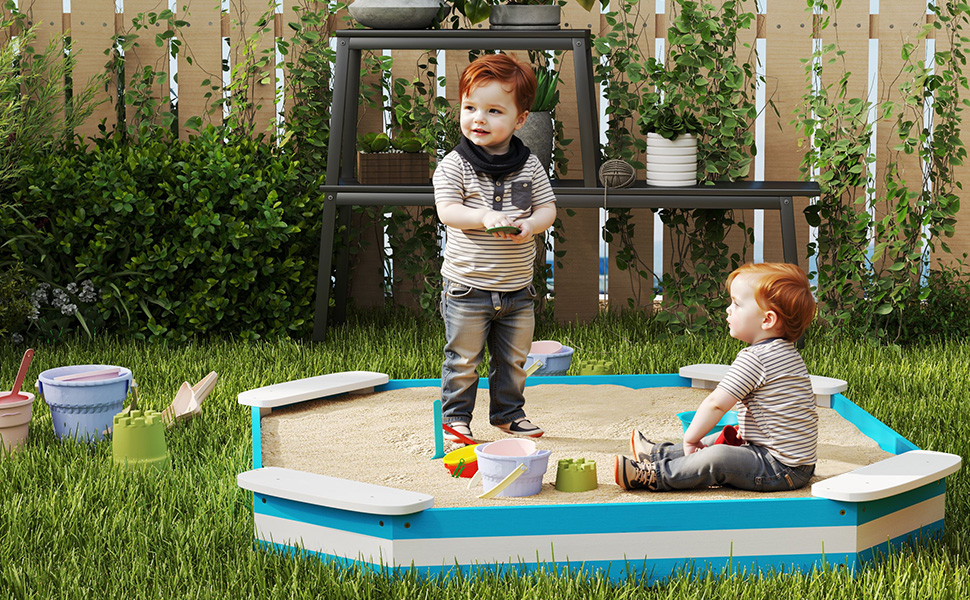 Пісочниця AIYAPLAY з дерева 133 x 108 см з лавкою, захисна плівка, блакитна, для дітей 3-7 років