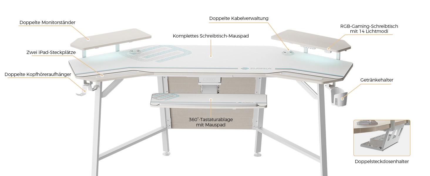 Ігровий стіл EUREKA ERGONOMIC 160x74 см з крилами, для ПК, з 2 відсіками для iPad, для дому, офісу, стрімінгу, білий акорн