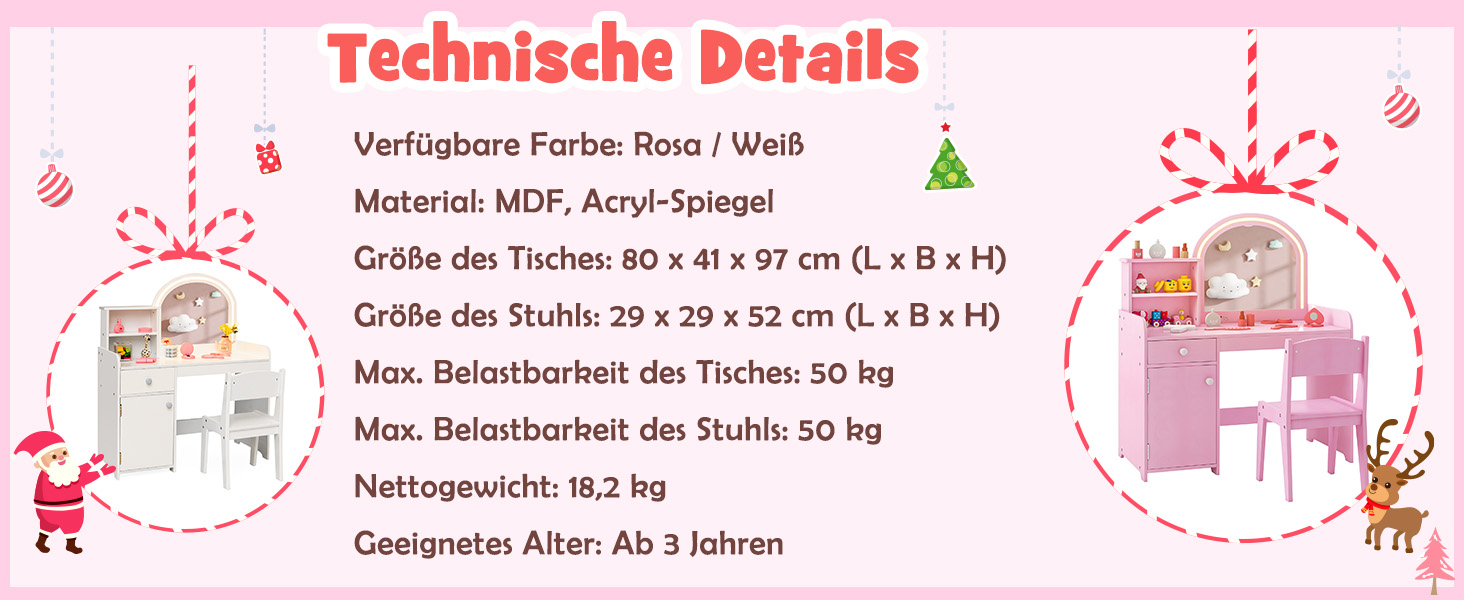 Дзеркальний столик для макіяжу Dreamade 2 в 1 для дівчаток з пуфом та LED-підсвіткою, з ящиком, полицею та шафкою, з дерева (білий)