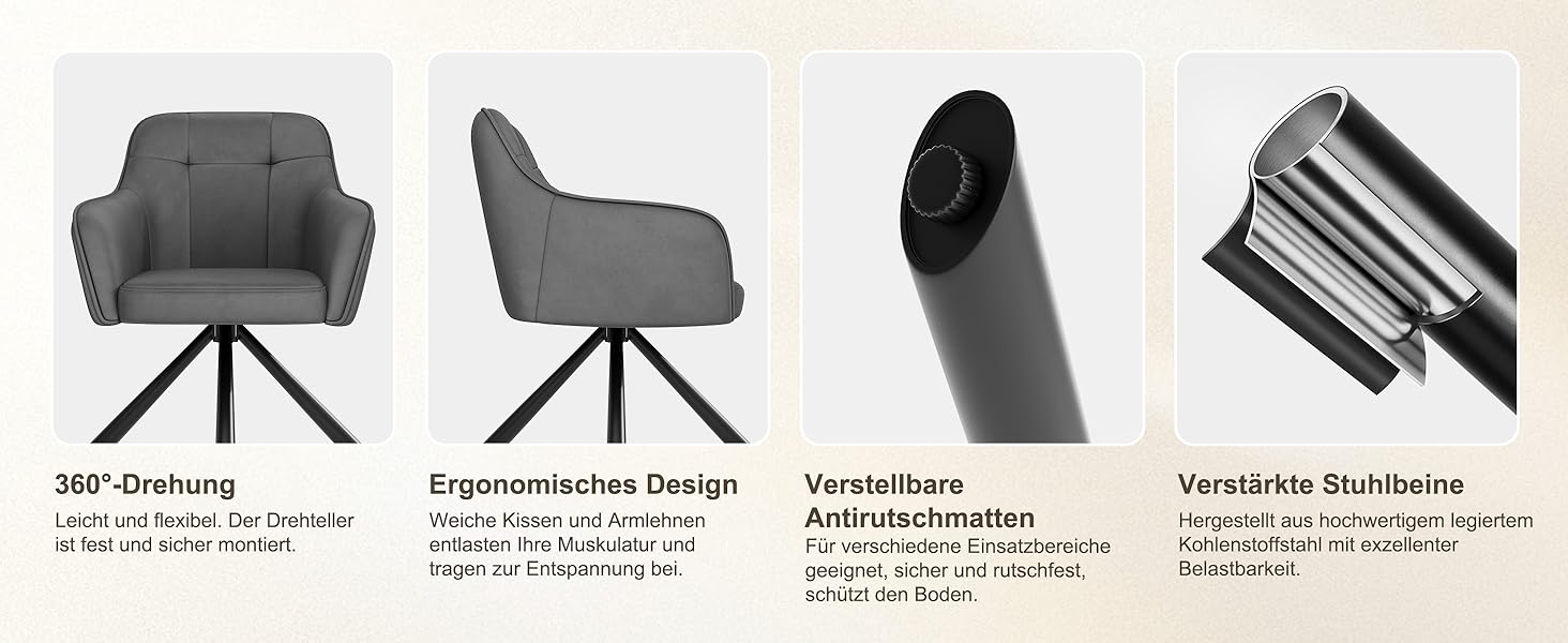 YOUDENOVA Комплект з 2-х обідніх стільців, 360° обертання з підлокітниками, оксамитовий м'який стілець для обідньої кімнати, кухні, вітальні та офісу, стільці для обідньої кімнати темно-сірий, комплект 2 шт.