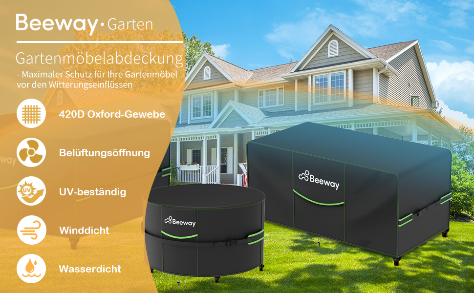 Чохол для садово-патіо меблів BEEWAY V2.0, 300x250x102 см, водовідштовхувальний, захист від УФ, чорний