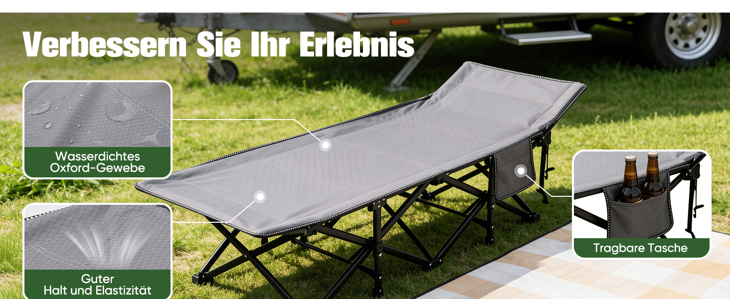 Розкладне ліжко для кемпінгу Sekey XXL (190x71x35 см), посилене сталеве ліжко-трансформер з тканиною Oxford, сіре (без матраца)