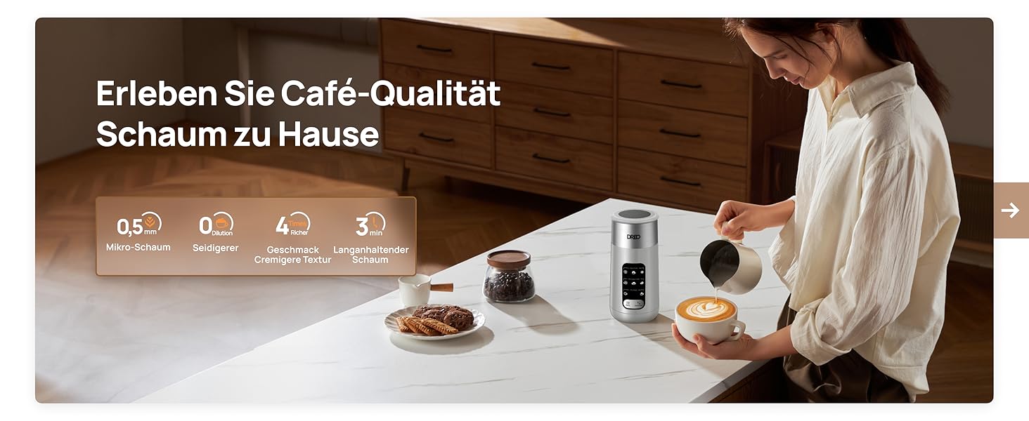 Електричний спінювач молока Dreo 8-в-1 для лате-арт, 270 мл, з підігрівом, LED, сріблястий