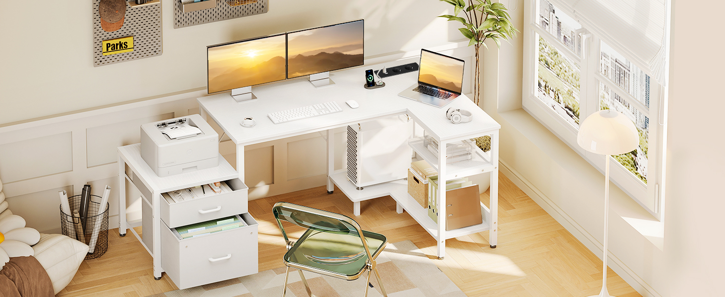 Комп'ютерний стіл Coleshome L-подібний з шухлядами, 140x80 см, з розеткою, білий