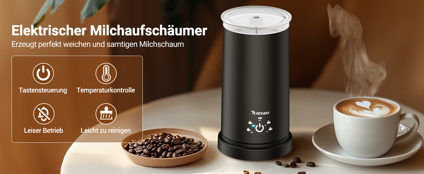 Електричний спінювач молока 5-в-1 600W з антипригарним покриттям. Підходить для приготування гарячого та холодного молочного пін, какао, лате, капучино. Чорний.