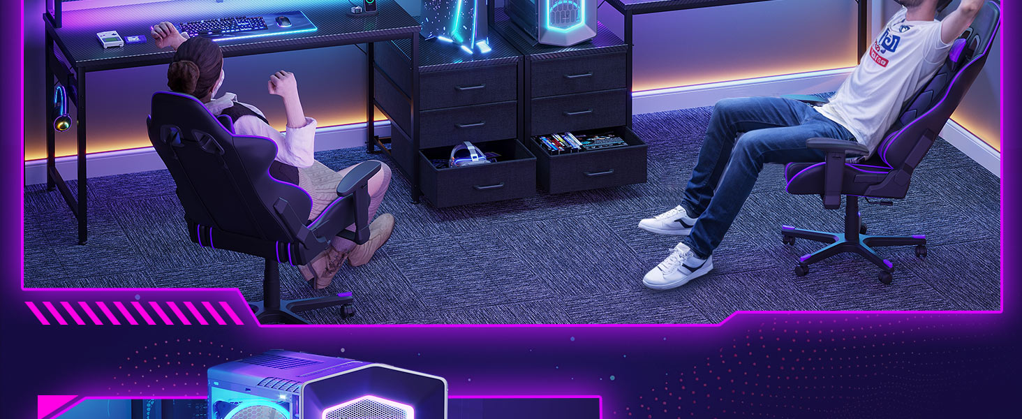 Ігровий стіл Coleshome з полицею та шухлядами, 137×48 см. Стіл для ігор з LED-підсвічуванням, розеткою, полицями та підставкою для монітора. Вуглецеве волокно, чорний колір