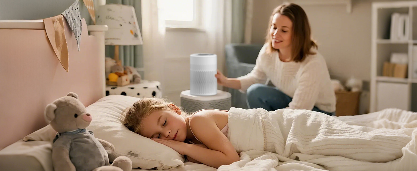 Повітряочисник для спальні KJ1-6 з HEPA H13 фільтром, активованою системою вугільного фільтра, функцією ароматерапії, 360° циркуляцією повітря, нічним світлом та тихим режимом