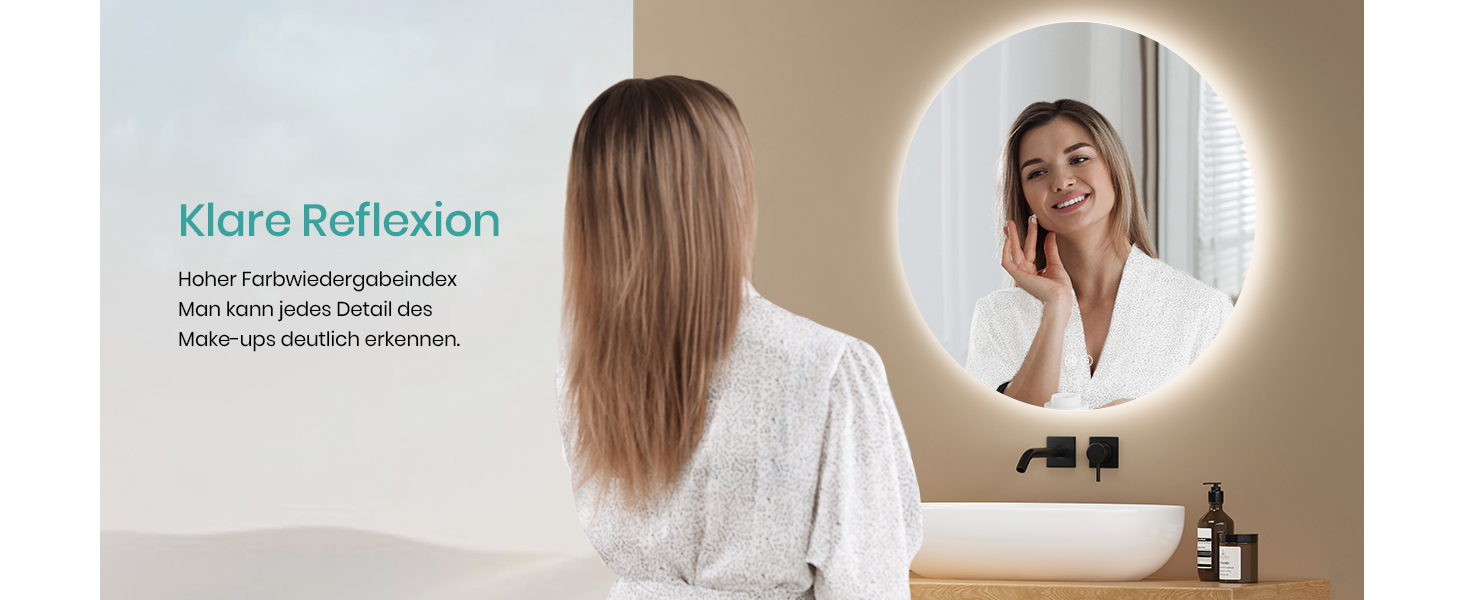 Дзеркало для ванної кімнати EMKE круглої форми з підсвічуванням 80 см – кругле дзеркало з 3 кольорами світла, регулюванням яскравості, сенсорним керуванням, функцією пам'яті та енергозбереженням. Розміри: 80 см x 80 см