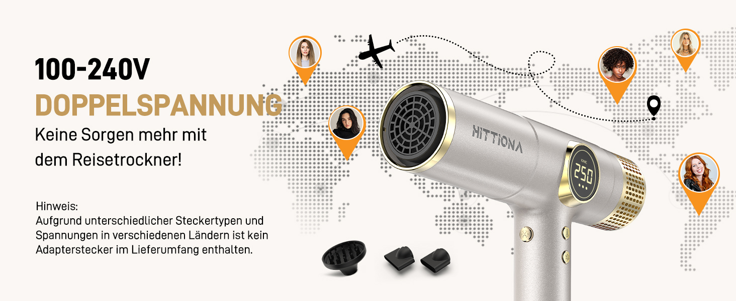 Іонічний дорожній фен HITTIONA 3 в 1 з диффузором, золото: швидке сушіння, подвійна напруга (100-240V), низький рівень шуму