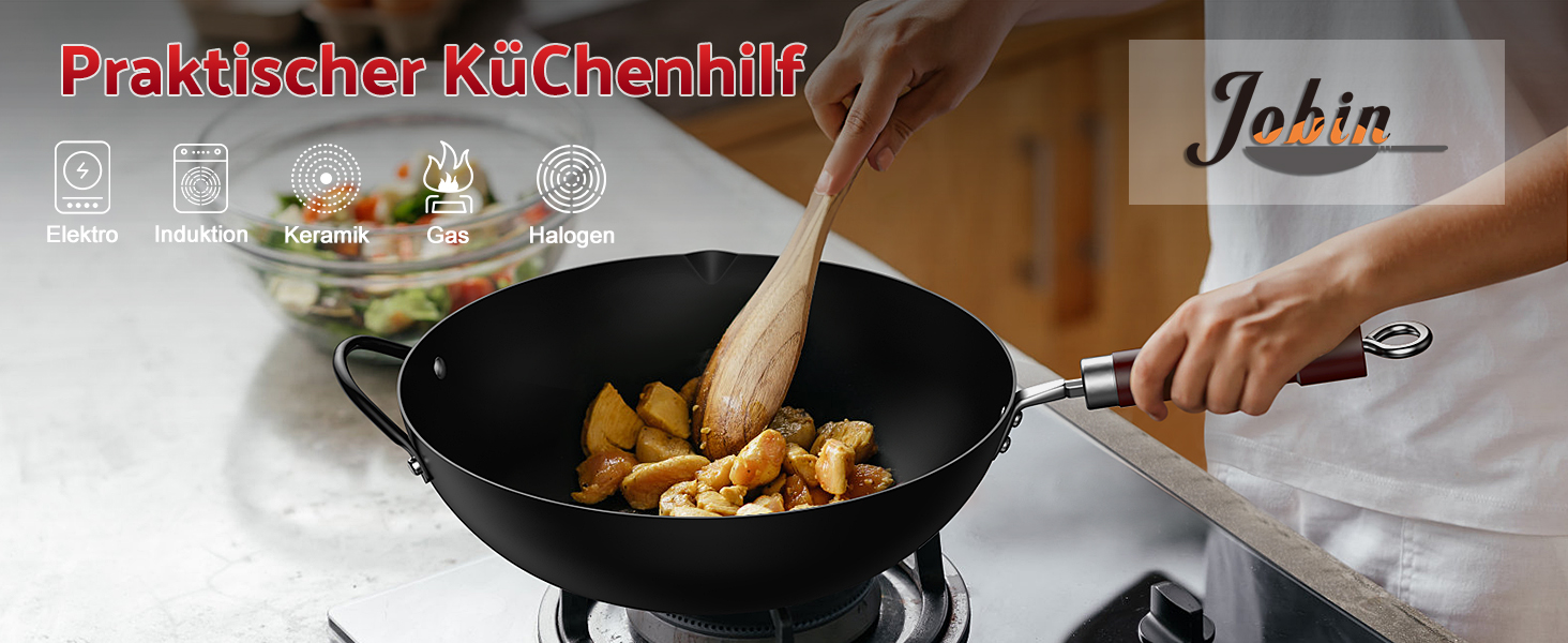 Вок Jobin 32 см з вуглецевої сталі з кришкою, дерев'яним та сталевим ручками, для приготування азійських страв (3-5 осіб), сумісний з Induktion, електро та газовими плитами - Чорний