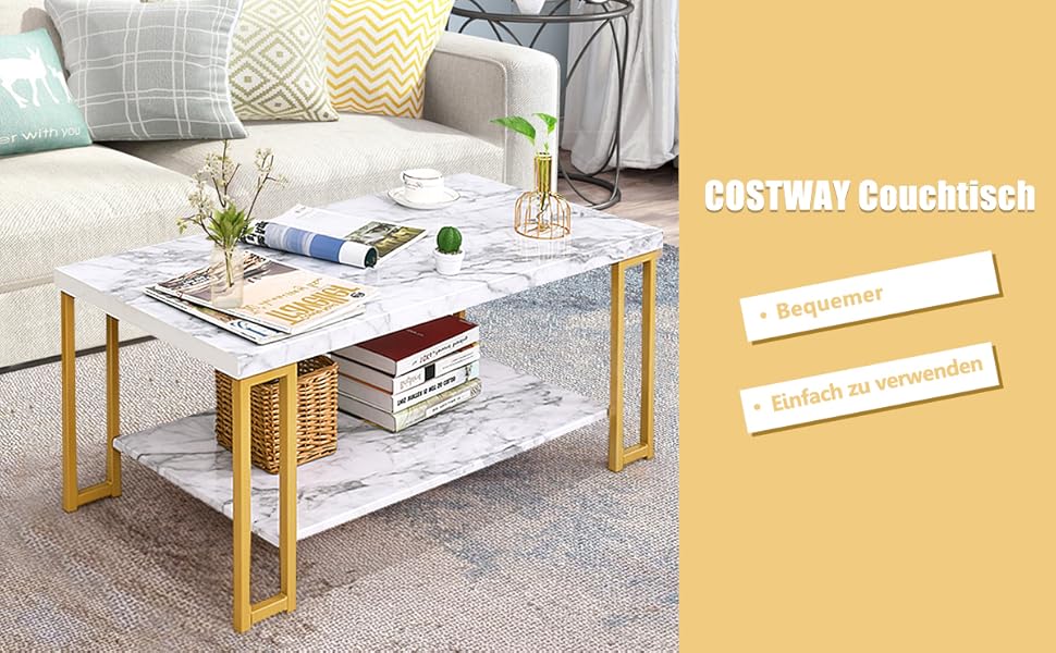 Журнальний столик COSTWAY Marble Look, журнальний столик з полицею, золотий журнальний столик, сучасний журнальний столик Стіл для вітальні (прямокутний 100x49.5x45см)