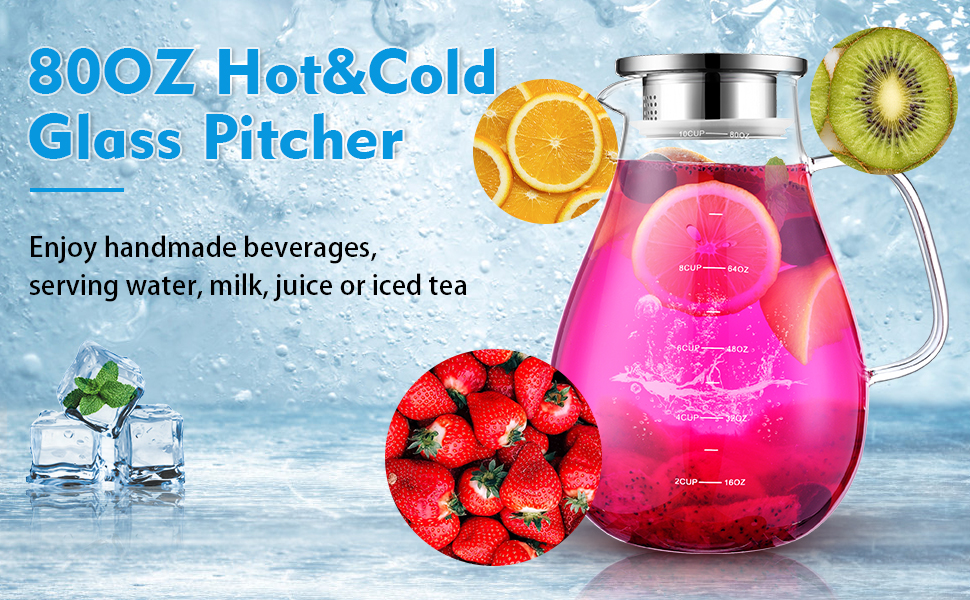 Скляна карафа Veccom 2.4L з кришкою, термостійкий глечик з боросилікатного скла для води, холодного чаю, соку