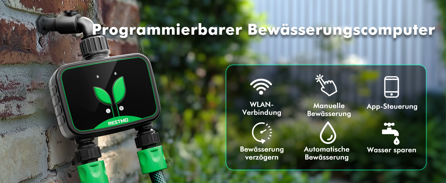 Таймер для поливу RESTMO WiFi, 2 зони, для саду та газону, програмований, для зовнішніх кранів