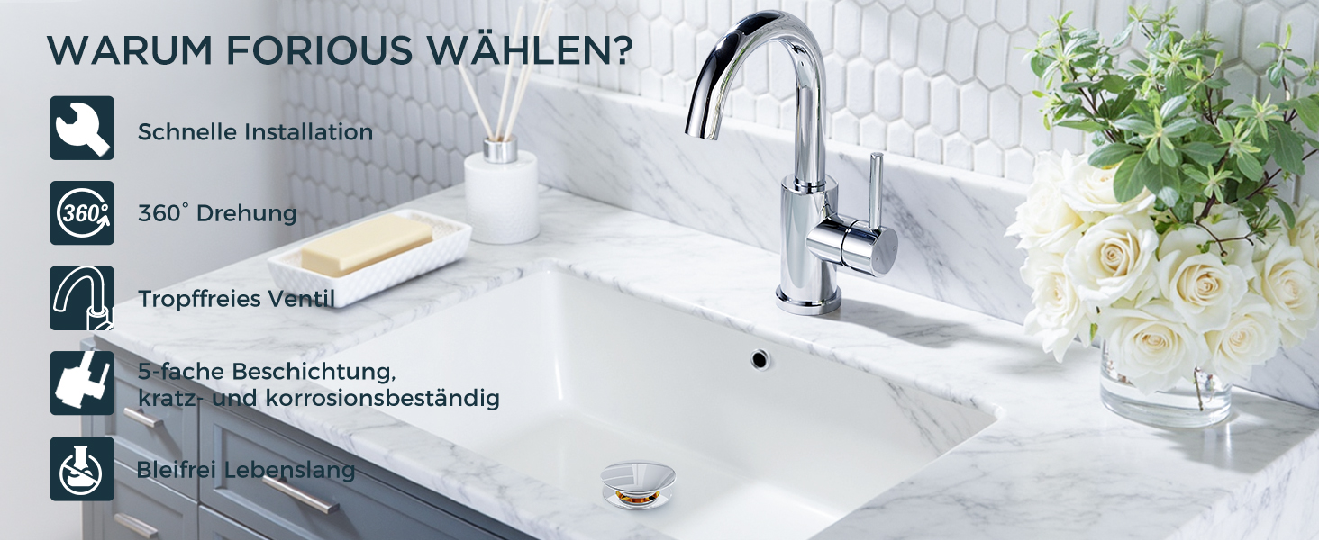 Змішувач для ванної кімнати/кухні FORIOUS Hoch 360° з нержавіючої сталі, з можливістю повороту 360°, з підключенням до гарячої та холодної води, для мийки, висота виливу 175 мм, полірована хром