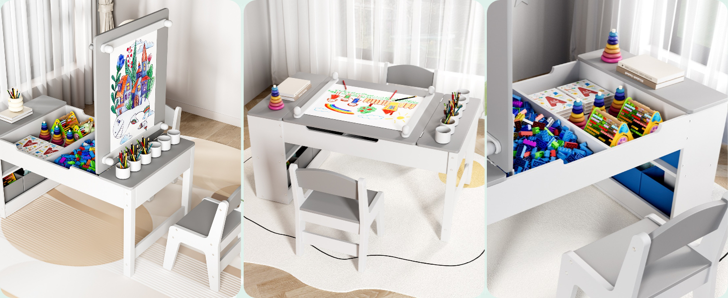 Дитячий стіл зі стільцями, дерев'яний набір, дитяча група сидінь з місцем для зберігання, стіл для малювання з рулоном паперу, стіл для малювання та рукоділля для дітей від 3 років (Сірий)