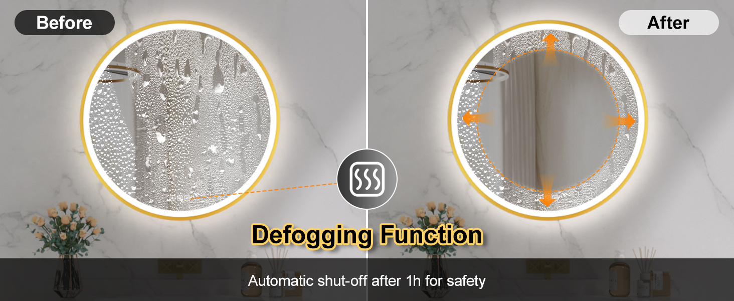 Дзеркало для ванної кімнати Furduzz з LED-підсвічуванням, 700 мм, сенсорне керування, диммування, 3 кольори, протизапотівання, пам'ять, золота рамка (60x60 см)