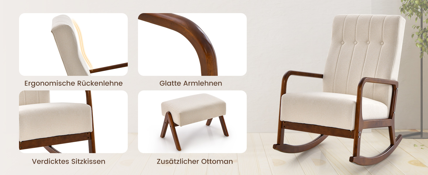 Крісло-гойдалка COSTWAY з пуфом, до 150 кг, бежеве - розслабляюче крісло для вітальні та спальні з дерев'яним каркасом