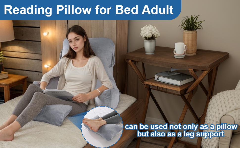 Лежак для читання в ліжко, 90 x 80 см (ДxВ) XXL подушка для спини, диван для дорослих з підлокітниками та знімною подушкою для шиї, спинка для читання з кишенею для ліжка, дивану, підлоги та стільця, світло-сірий